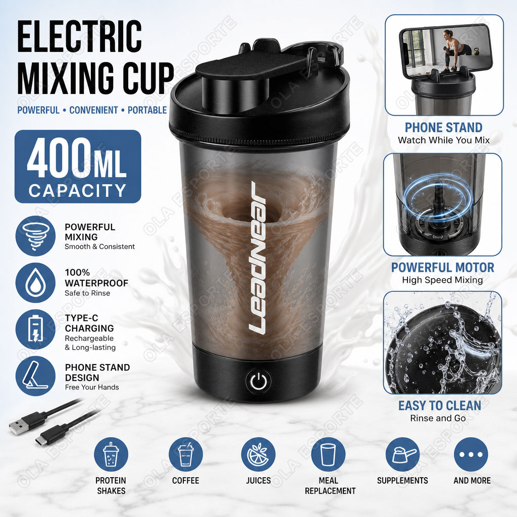 Nutrition And Fitness - 携帯電話ホルダー付き電動ミキシングカップ 400ML アウトドアフィットネス用ポータブル自動シェーカーカップ プロテインパウダーやコーヒーに最適
